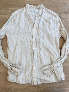 Venroy Bone & Light Teal Button-Down Linen Shirt M